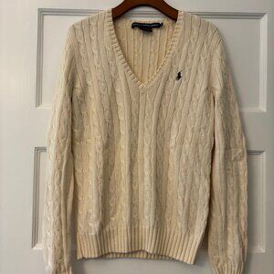 Ralph Lauren Sport White V-Neck Cable Knit Sweater, Size M